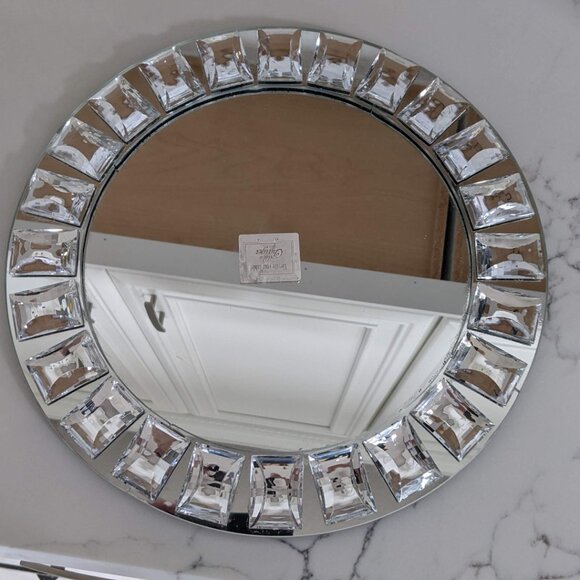 one 13" Round Mirror glass Charger Plate CrystalRim Wedding Jewelry Serving Tray - Picture 6 of 7
